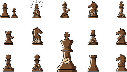 Chess Pieces Icon Set with Pawn, Knight, Rook, Queen, and King for Board Games, Strategy, and Puzzle Enthusiasts. © Rashidul