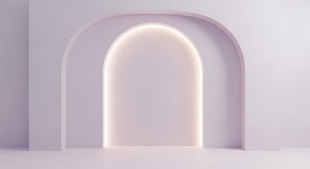 Fototapeta premium Minimalist white archway with soft backlight, clean architectural studio background, elegant geometric portal for product presentation