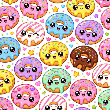Dripping Kawaii Donut Seamless Pattern Sweet Glossy Background