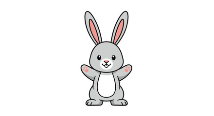 Obraz premium Adorable grey rabbit with long pink ears and tiny paws stands smiling in a simple and cute character illustration.