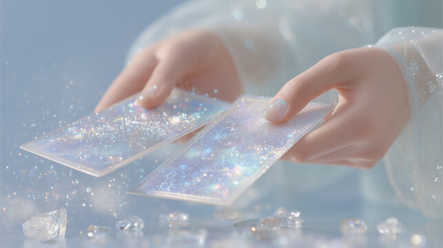 神秘のタロットカードを引く占い師、魔術と光が溢れる幻想的な占いのシーン、スピリチュアルな背景素材　Mysterious fortune teller drawing a glowing tarot card, magical occult scene overflowing with mystical energy and light, spiritual fantasy background