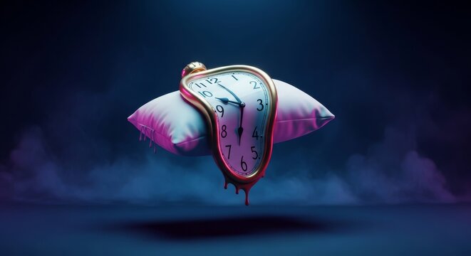 An ethereal scene features melting clocks draped over a floating pillow amidst a dark blue cosmic mist representing distorted time, fantasy, nebulous, mystery