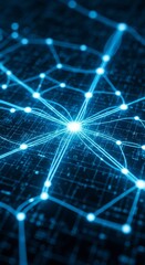 Fototapeta premium Glowing blue lines connecting digital nodes across a dark grid to represent high speed internet connectivity and complex server systems, nodes, technology, energy