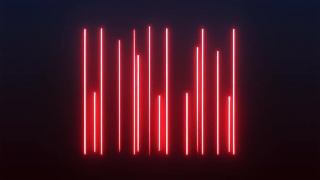 A series of glowing red vertical light stripes with varying heights and intensities positioned against a dark blue background as a digital signal or sound equalizer visualization.