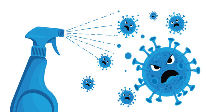 Disinfectant spray bottle illustration spraying liquid to eliminate blue virus particles on a white background for hygiene.