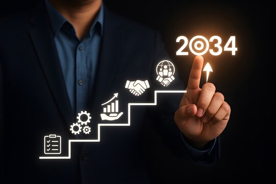 Businessman pointing at a 2034 target on a staircase with icons representing growth and success