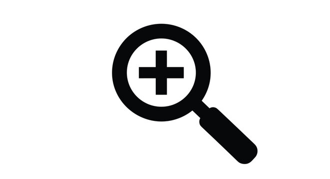Simple black magnifying glass icon featuring a plus symbol inside the lens, representing a zoom-in search function.