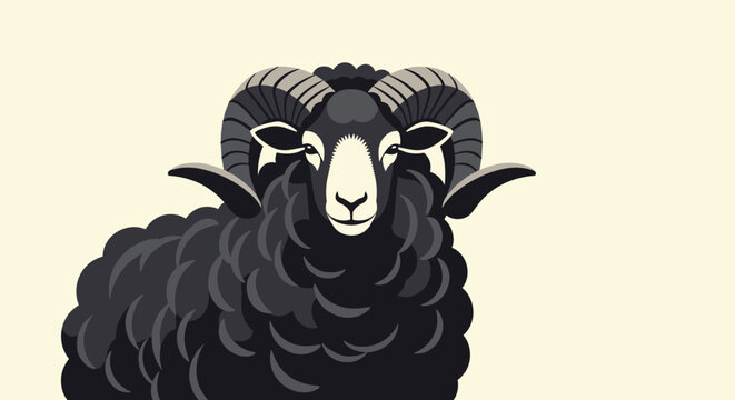Majestic black ram with large curved horns and thick woolly texture shown from a front-facing perspective in a portrait style.