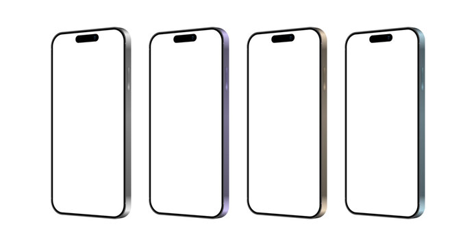 Colorful mobile phone devices with blank display in side angle, mockup template for user interface and advertisement. Vector illustration