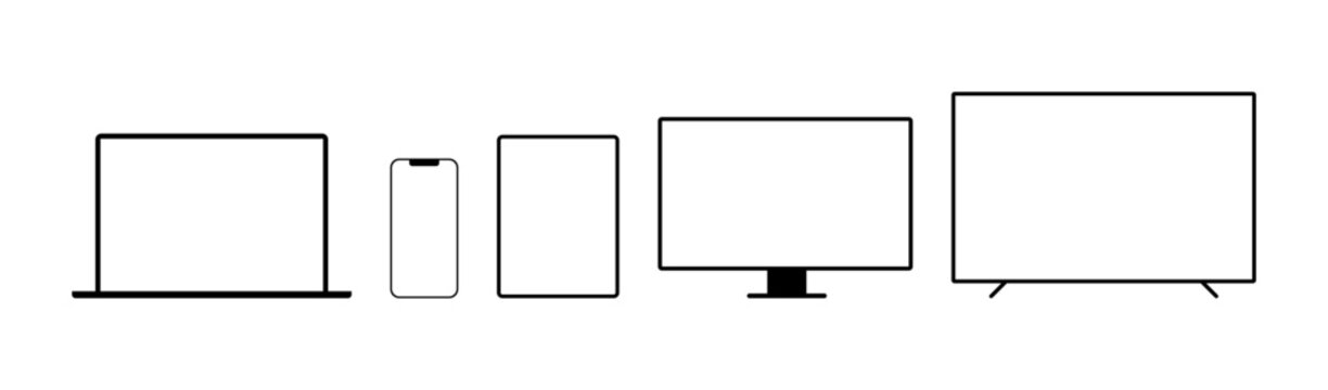 Laptop, smartphone, tablet pc, desktop monitor, and television mockup set. Collection of flat technology devices with blank white screen, vector illustration