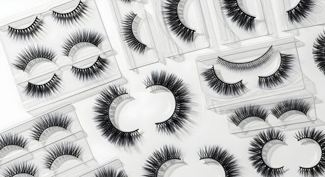 False eyelashes in clear plastic packaging on white background for beauty and makeup product advertising with various styles and lengths of black lashes