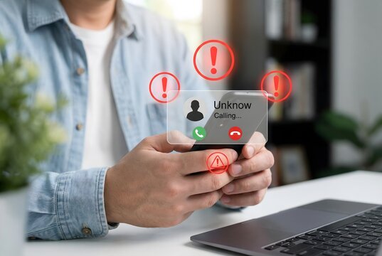 Person holding phone showing incoming unknown caller with warning signs