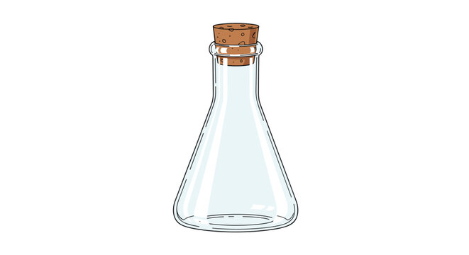 Empty glass erlenmeyer flask with a cork stopper for chemistry and scientific laboratory experiments vector illustration.