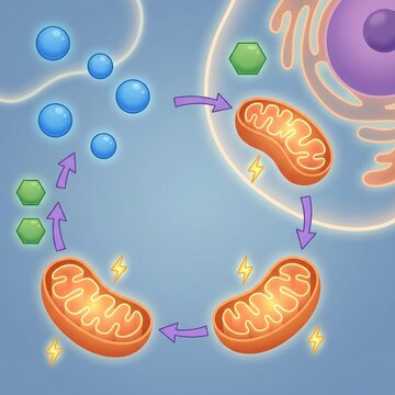Vibrant illustration of cellular energy production and mitochondrial metabolism, depicting a dynamic biological cycle within a cell environment, essential for life processes
