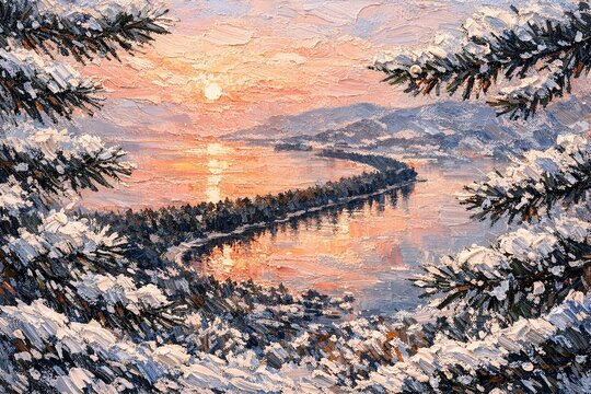 Snowy Dawn Over Amanohashidate Sandbar - Heavy Impasto Oil Painting Framed by Frosted Pines and Soft Pink Sky in Kyoto Japan