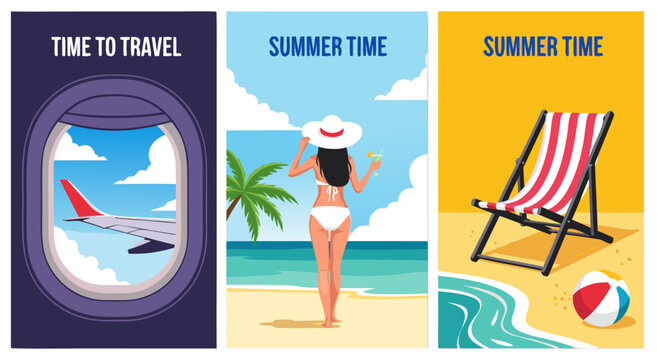 Summer vacation vector illustration, time to travel with airplane view, beach, and lounge chair on the sand