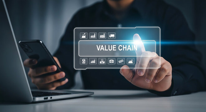 Value Chain Navigation: A professional's finger hovers over a futuristic screen displaying 'Value Chain', symbolizing technological progress and business growth. 