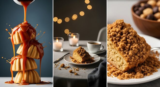 A delightful triptych showcasing various delicious baked goods, featuring golden mini cakes generously drenched in rich, flowing caramel sauce, and a comforting streusel crumb cake served with hot cof