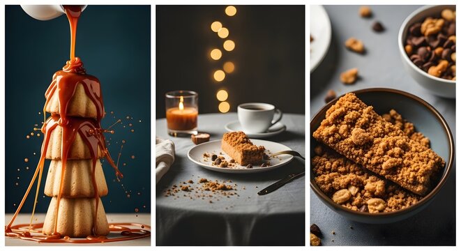 A delightful collection of sweet dessert visuals, featuring golden cakes with flowing caramel, a cozy coffee and crumb cake pairing, and enticing crumbly bars in bowls, capturing moments of indulgence