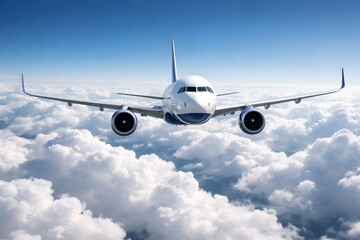 Fototapeta premium Commercial jet airliner soaring through the bright blue sky above a dense layer of white clouds, viewed from a head-on perspective.