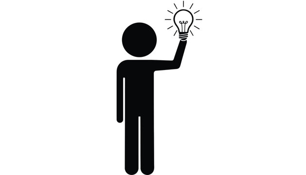Simple vector graphic of a human figure having an innovative idea, symbolized by a bright light bulb.