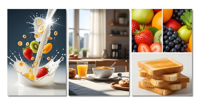 A vibrant collage showcases delightful breakfast options including fresh splashing milk with fruits and cereal, a cozy kitchen table setting, colorful assorted berries, and perfectly toasted bread sli