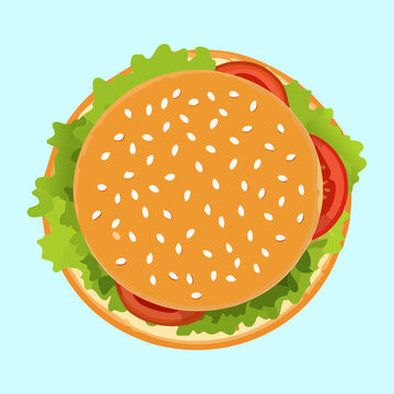 Gourmet beef burger with fresh lettuce and tomato slices for tasty dinner and restaurant fast food menu - Vector Illustration