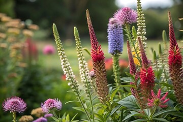 Obraz premium Vibrant flower spikes in garden with soft background bokeh and natural lighting