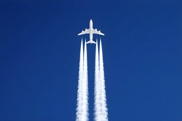 Obraz premium A white commercial airplane flying upwards in a deep blue sky, leaving thick white contrails from its four engines.