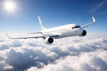 Obraz premium A white commercial airplane flies above a vast sea of fluffy white clouds under a bright sun and clear blue sky.