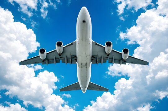 A low-angle shot of a large white commercial airplane with four engines flying through a bright blue sky dotted with white cumulus clouds.