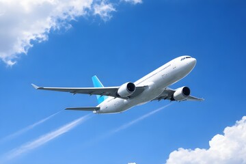 Obraz premium A large white commercial jet airplane with a blue tail soars through a bright blue sky filled with scattered white clouds and contrails.