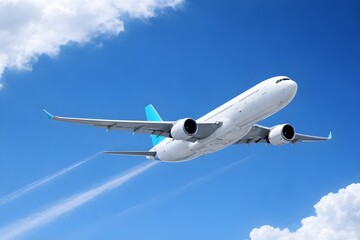 Obraz premium A white commercial airplane ascends into a bright blue sky filled with soft white clouds and visible vapor trails from its powerful engines.