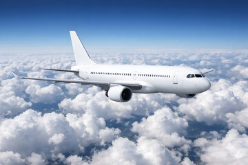 Obraz premium A plain white passenger jet airplane flying high above a dense field of white cumulus clouds under a clear blue sky.