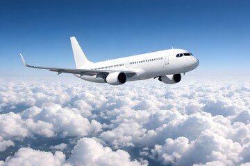 Obraz premium A white commercial passenger jet flies high above a thick layer of fluffy white clouds against a clear blue sky.