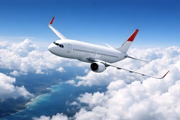 Fototapeta premium A white passenger airplane flying high above fluffy white clouds and a beautiful turquoise coastline under a clear blue sky.