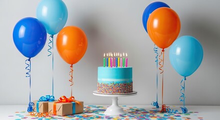 Obraz premium Colorful birthday celebration with cake and balloons on a table blue
