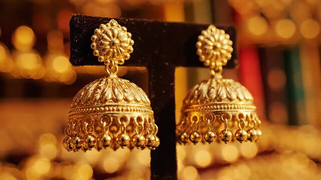 Traditional gold jhumka earrings, intricate Indian jewelry, detailed craftsmanship, cultural accessory, festive adornment, luxury, heritage