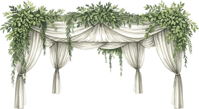 Elegant wedding arch with white drapery and lush greenery, botanical garden gazebo vector, romantic floral ceremony canopy for outdoor events