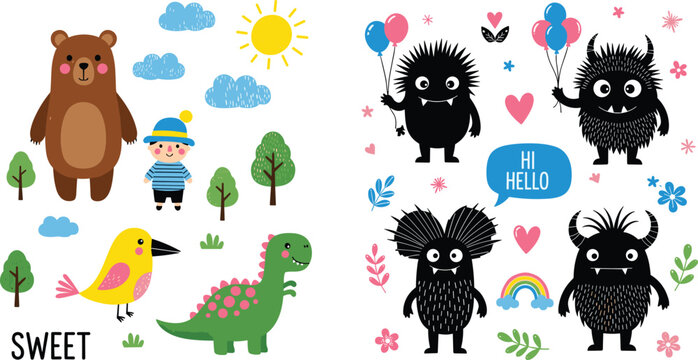 Cute Animal and Monster Character Set Featuring Hand Drawn Bear Dinosaur Bird and Black Silhouettes with Balloons for Kids Birthday and Nursery Designs