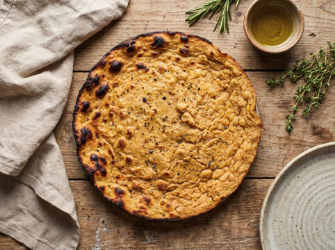 Freshly Baked Socca Chickpea Pancake Rustic Flat Lay