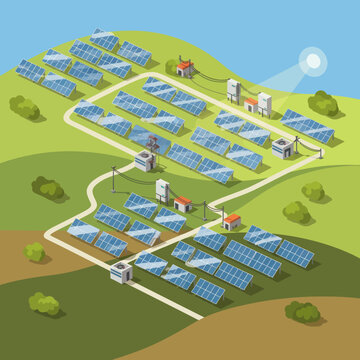 Isometric Solar Farm - Sustainable Energy Production in a Green Landscape.