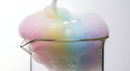 Fototapeta premium Close Up View of Overflowing Rainbow Colored Chemical Foam from a Laboratory Glass Beaker Representing Fun Science Experiments for Kids