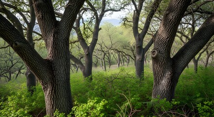 Obraz premium Ancient oak forest with gnarled tree trunks, lush green woodland landscape, mystical forest scenery with textured bark and spring foliage