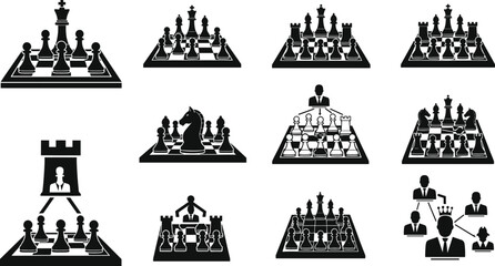 Chess Board and Pieces Icon Set with King, Queen, Rook, and Knight for Strategy, Game, and Corporate Planning Themes. © Rashidul