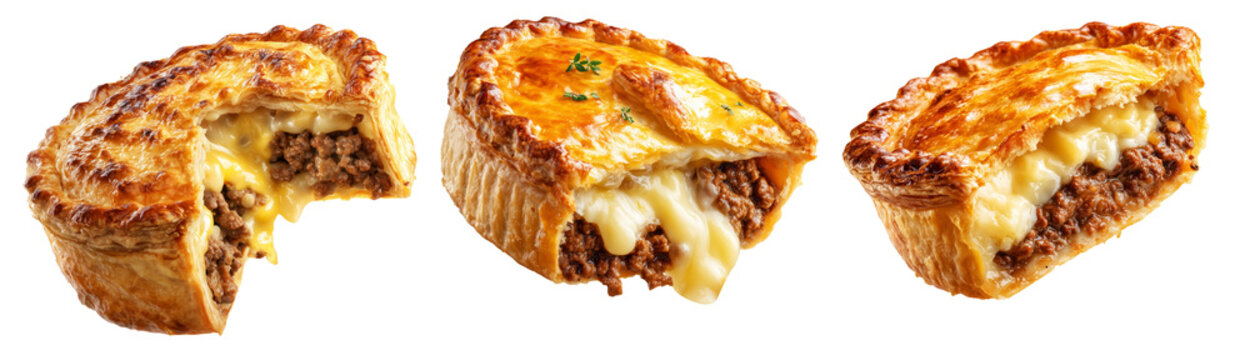 Set of mince and cheese pie with golden brown crust, mashed potato and cheese topping on white background, New Zealand fast food