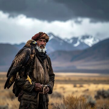 Ancient Eagle Hunter and Majestic Golden Eagle in Rugged Mountain Landscape.
