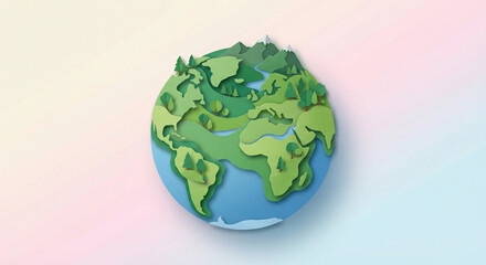 Fototapeta premium A vibrant, stylized 3D illustration of the Earth showcasing the continents with lush green forests, mountains, and rivers.