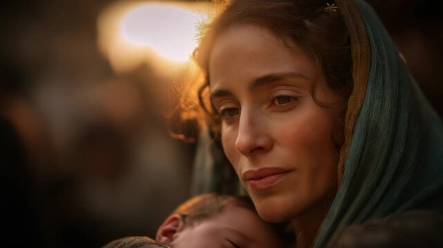 Mary holding baby Jesus in warm sunset light. Peaceful, sacred scene symbolizing love, faith, and the nativity with a gentle golden glow.