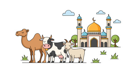 Naklejka premium Cute Outline Farm Animals Going to Mosque with Nature Elements
